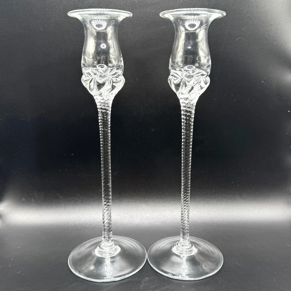 Art Glass Pair Candlesticks Vtg. Optic Twist Stem Floral Tulip Cottage Regency‎